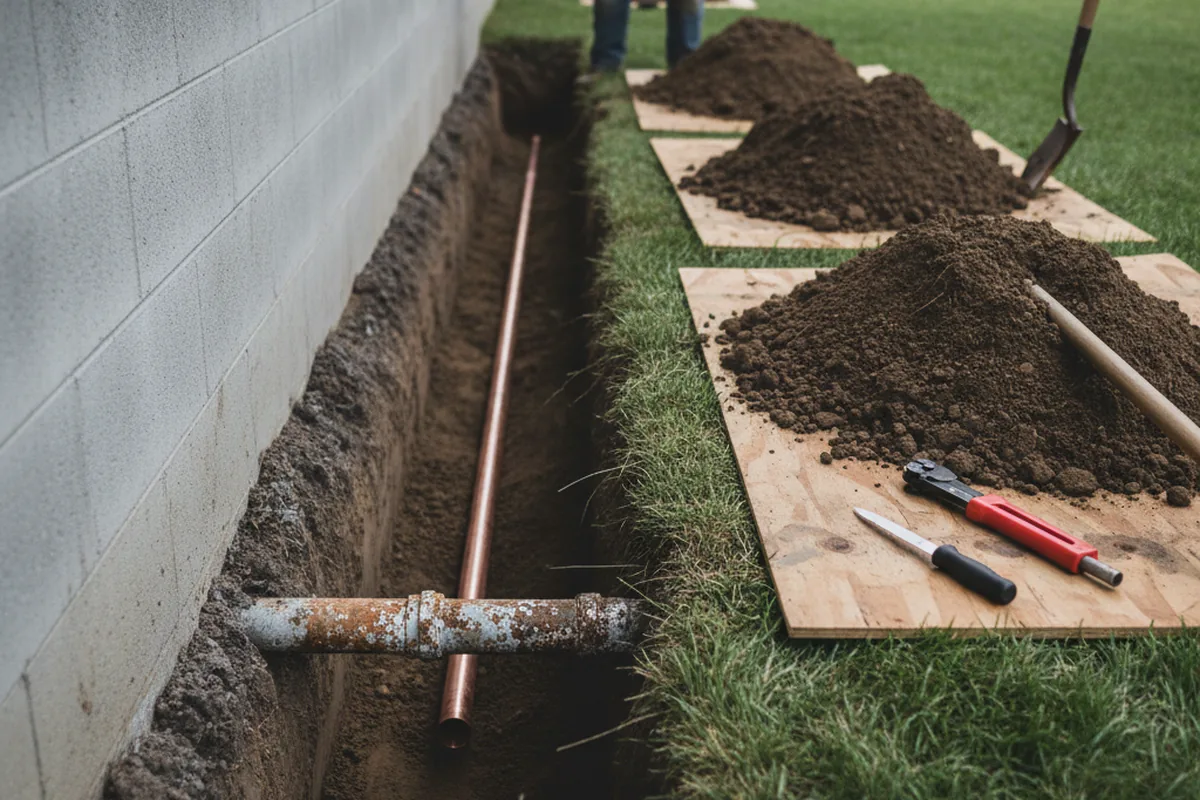 Excavated water line trench during Sewer Line Repair in Avant